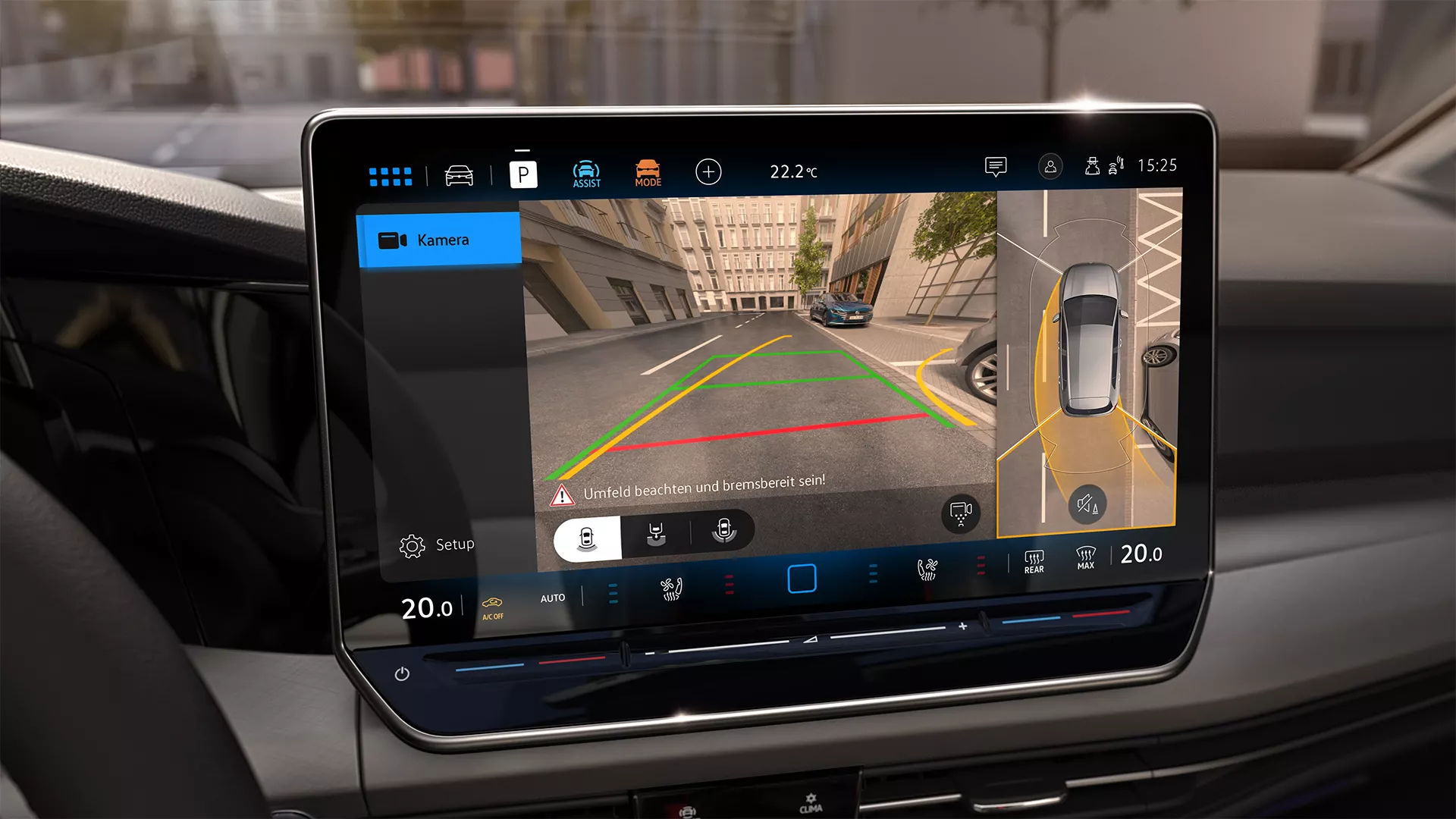 Interior view of the VW Golf with view of the steering wheel and cockpit from the driver's seat.