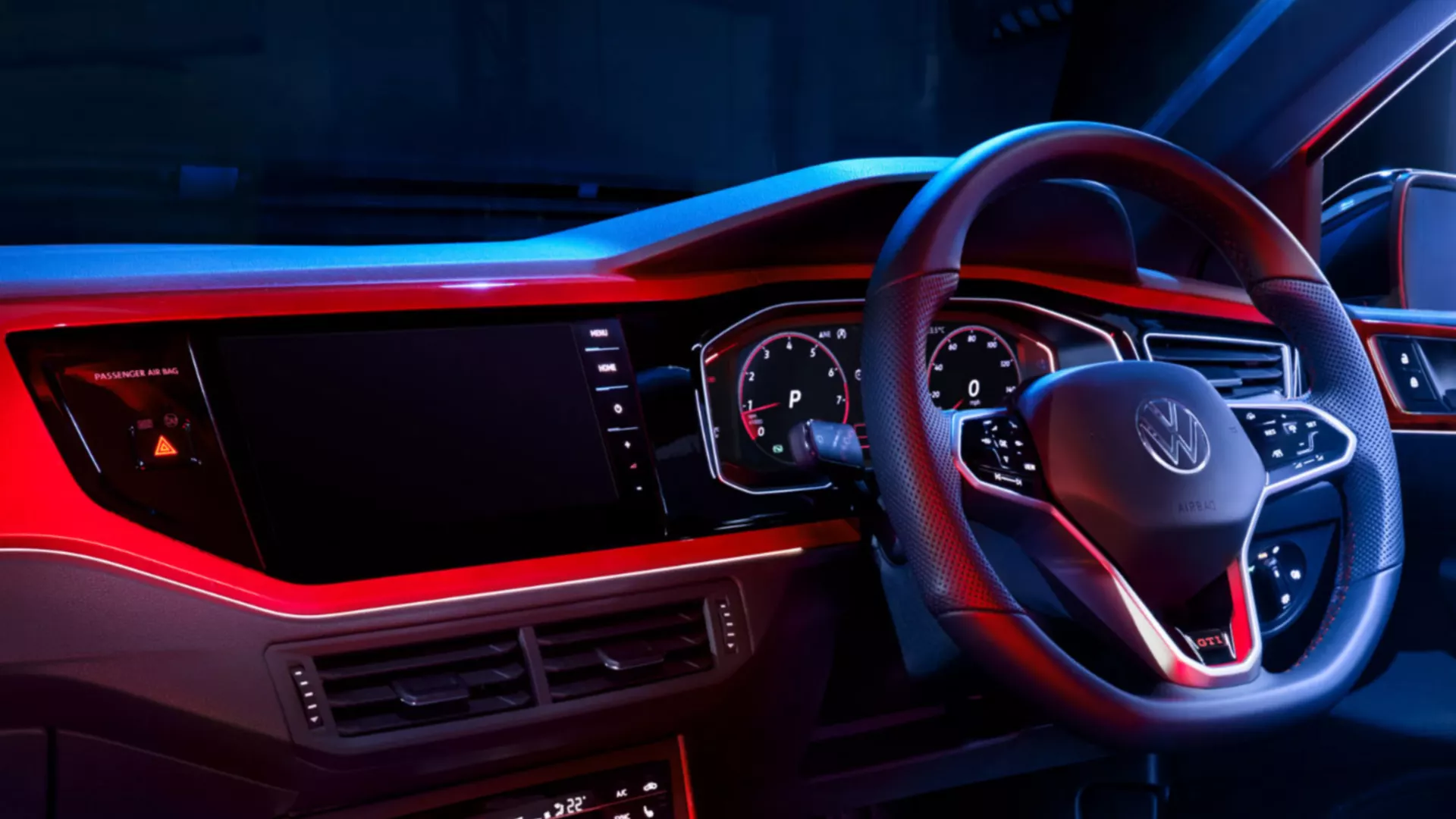 Close-up of the touch multifunction steering wheel in the cockpit of the VW Polo GTI.