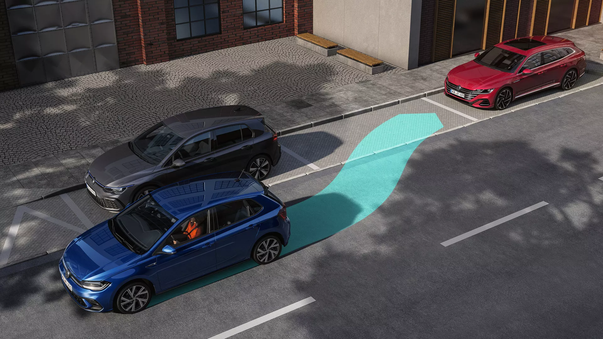 Picture shows how the "Park Assist" parking assistant works in the VW Polo.