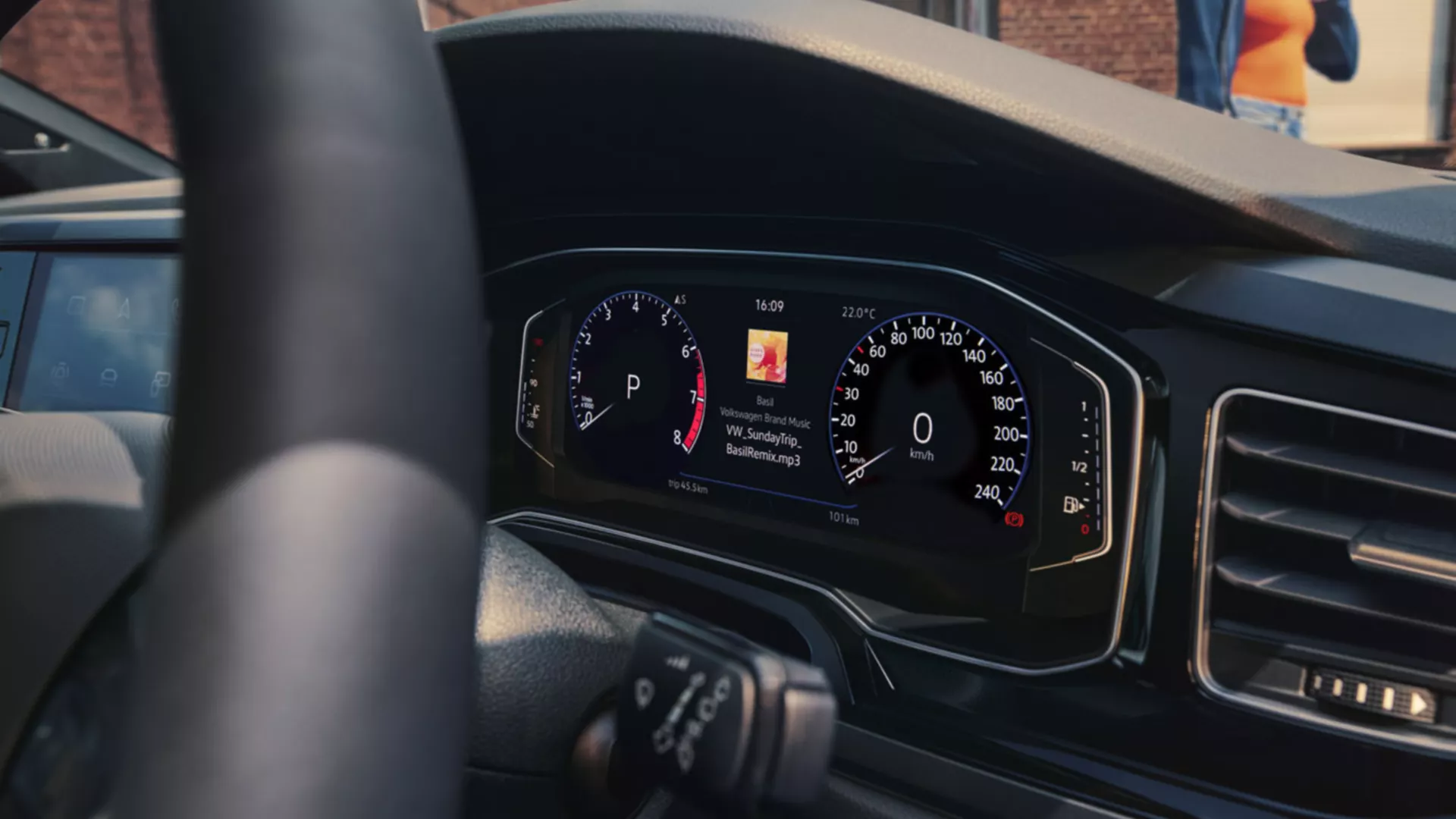 Close-up of the optional Digital Cockpit Pro in the VW Polo, showing the speedometer