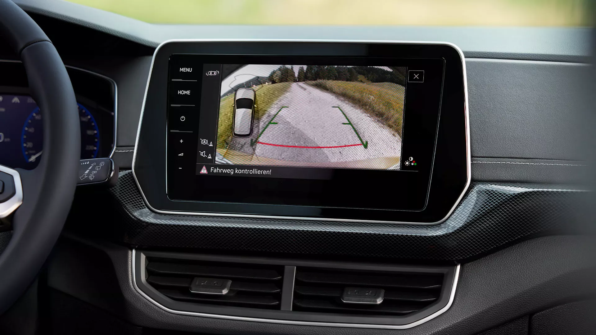 Rear view camera view on the navigation screen.