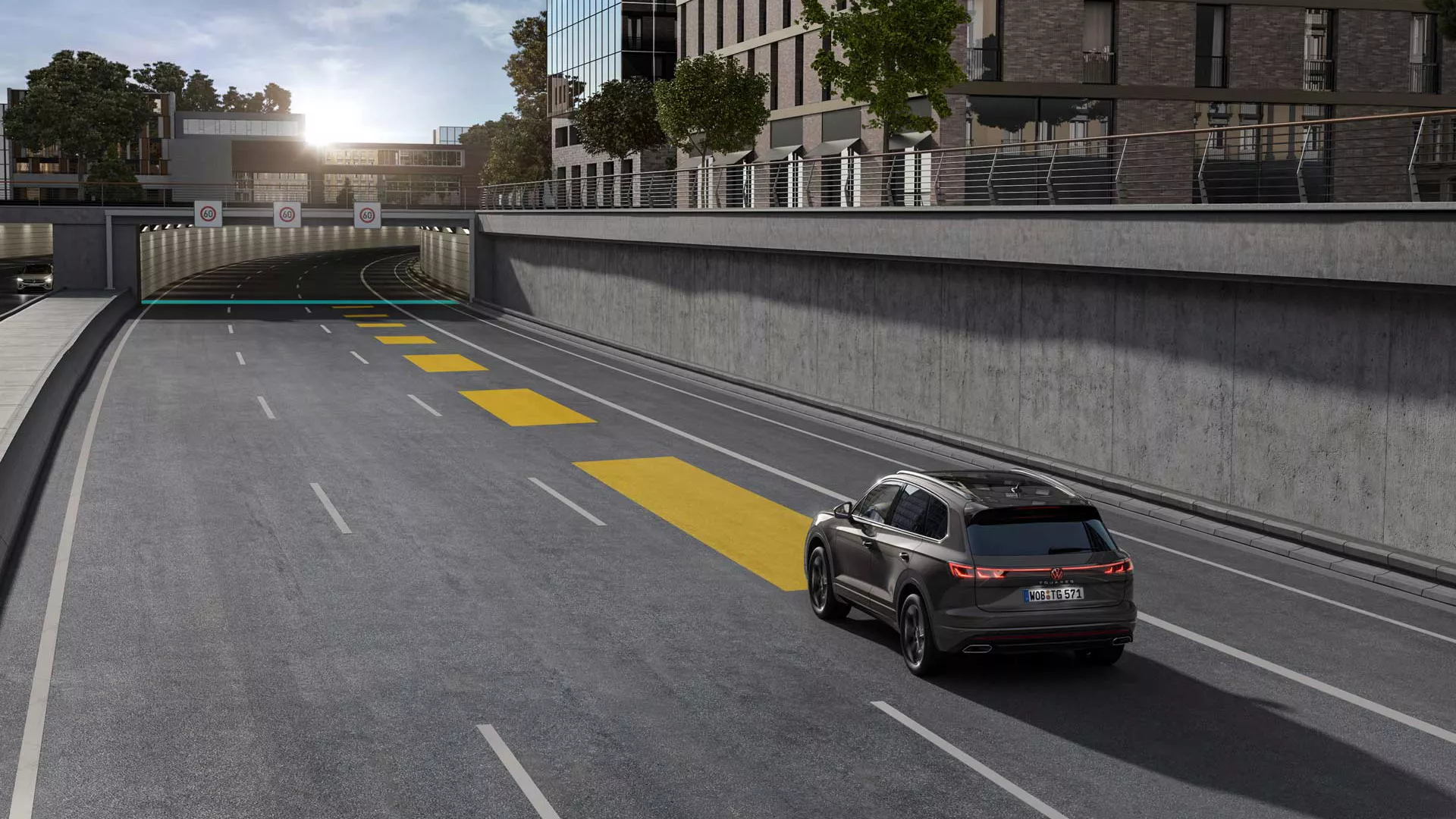 VW Touareg moves in road traffic, using automatic distance control ACC.